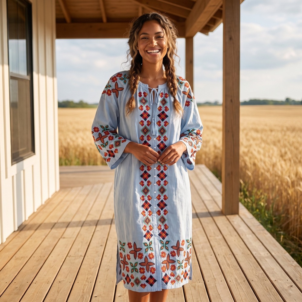 Zara TRF Embroidered Button Front Midi Dress Womens M Blue Tassel Boho Peasant